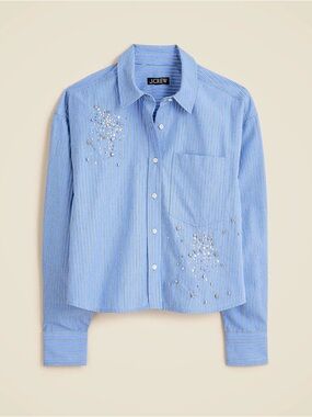 J.Crew Etienne Light Blue Striped Embellished Button-Up Shirt Crop